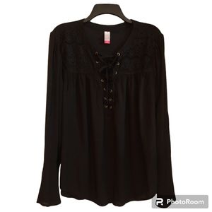 No Boundaries Black Semi Sheer Dressy Lace Up Blouse XL 15/17